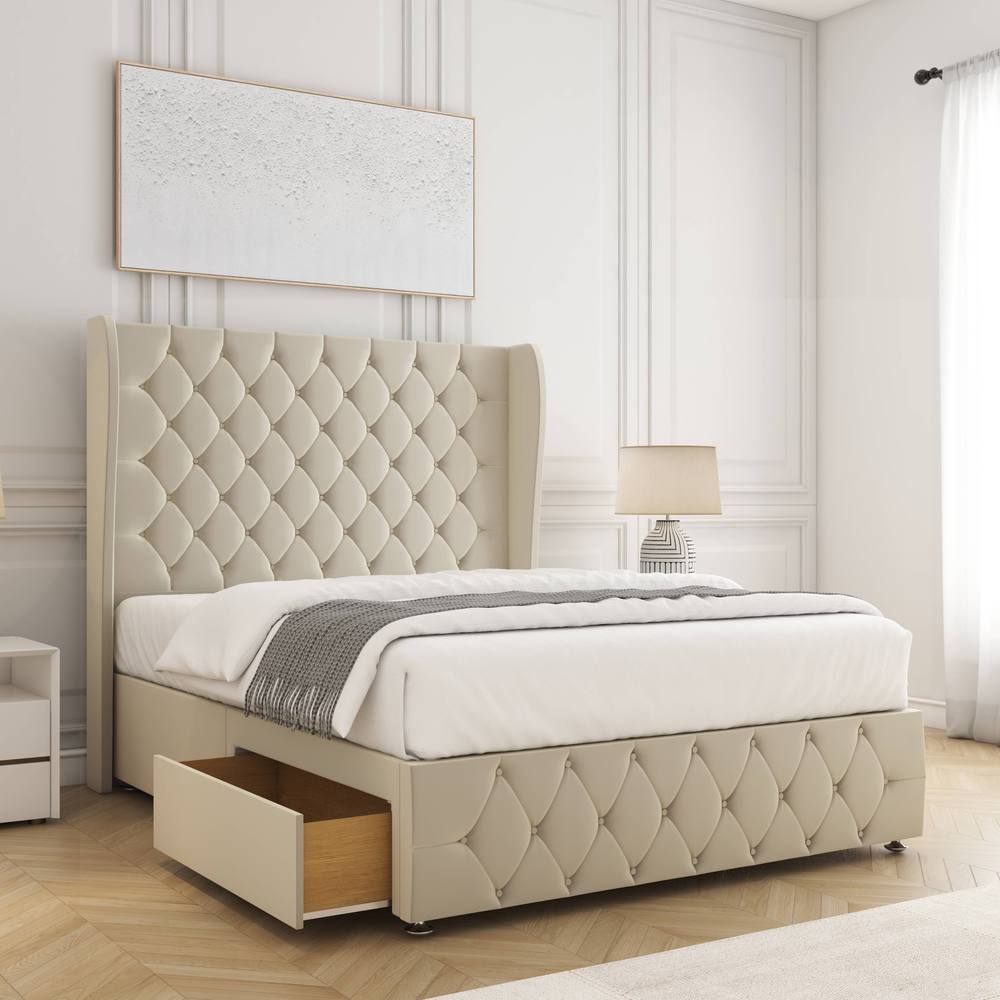 BSSPOKE Faye Velvet Divan Bed 54" Headboard & 2 Drawers Footend & No Mattress in Cream | Size: Small Double
