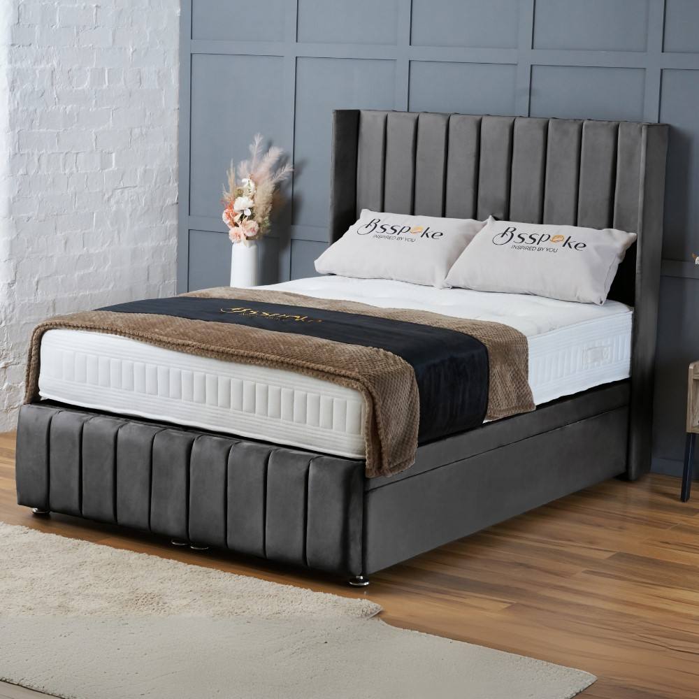 BSSPOKE Zoe Ottoman Divan Bed Plush Velvet 54"Headboard &Footboard Mattress in Charcoal | Size: King