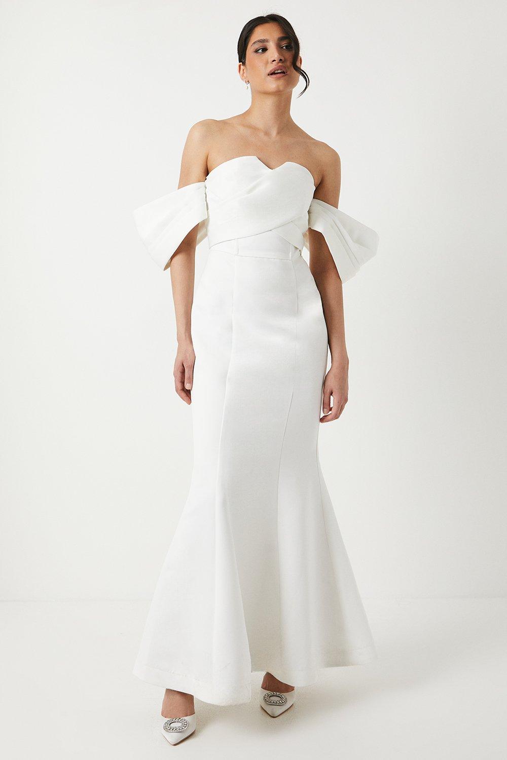 Photograph of Coast Structured Satin Cross Front Bardot Wedding Dress
