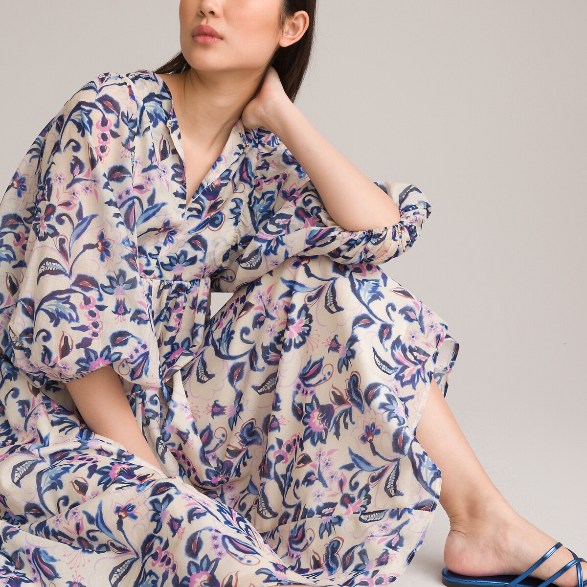 Photograph of La Redoute Collections Floral Cotton Midi Dress with Crew Neck and 3/4 Length Balloon Sleeves