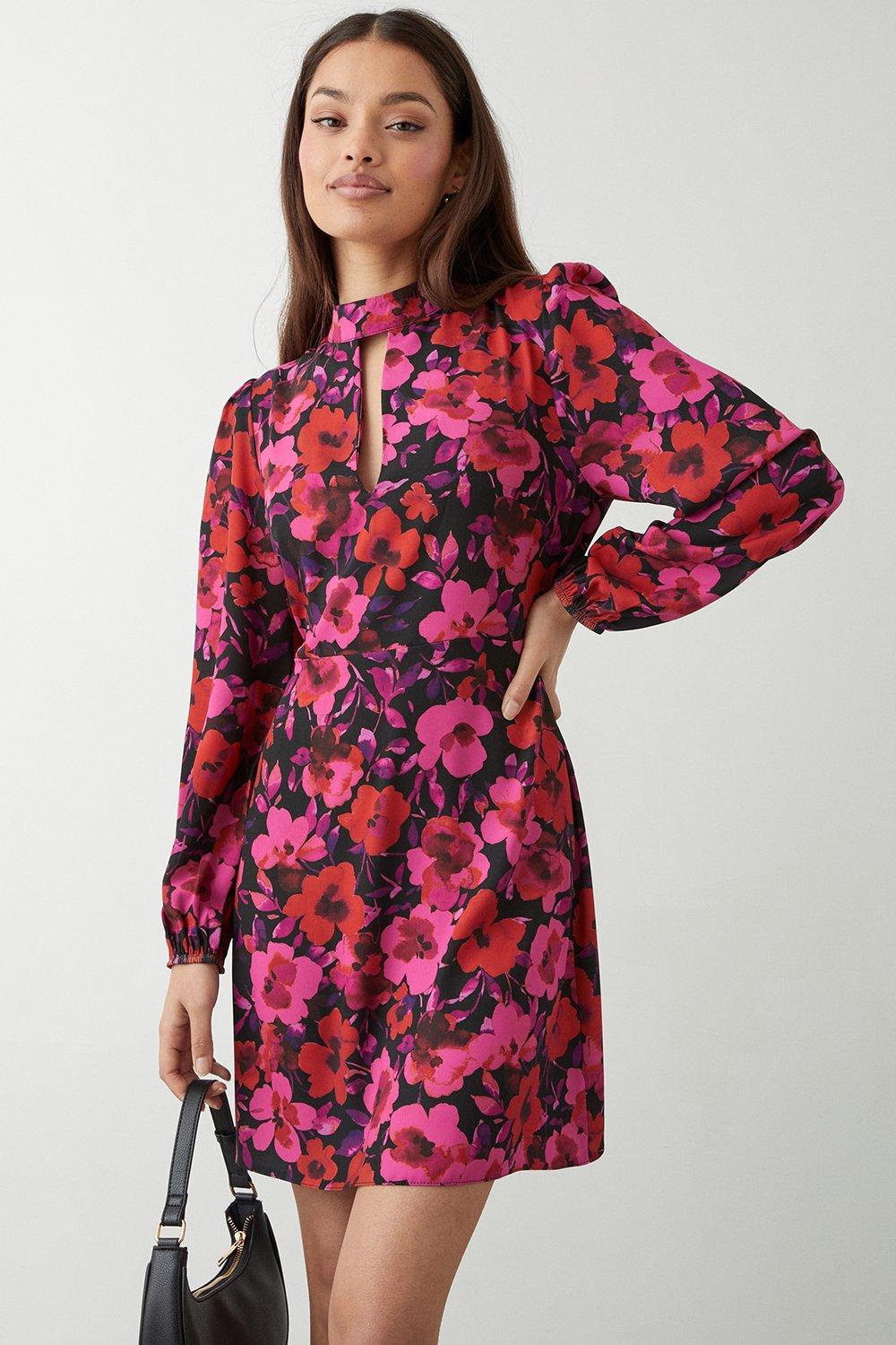 Photograph of Dorothy Perkins Womens Petite Floral Print Keyhole Mini Dress