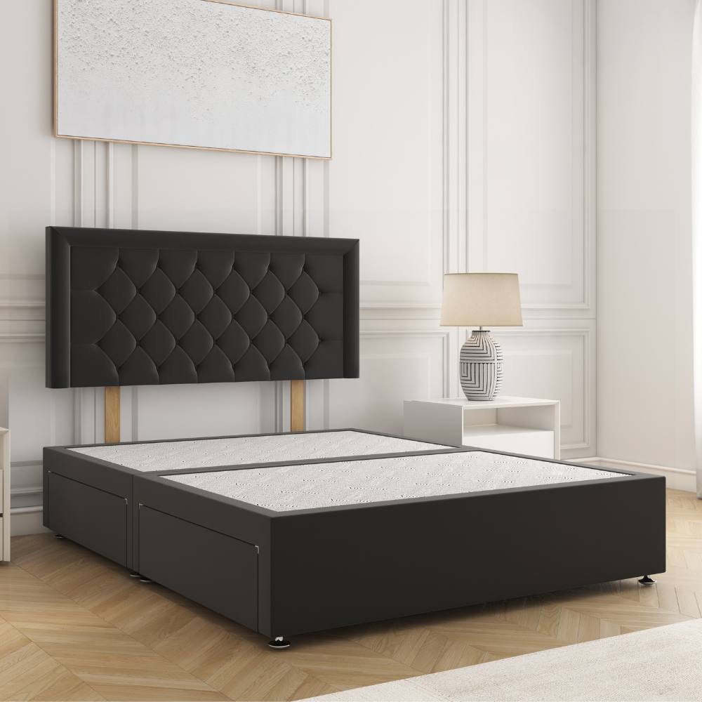 BSSPOKE Nova Divan Bed Plush 24" Headboard 2Drawers Same Side & No Mattress in Black | Size: Small Double