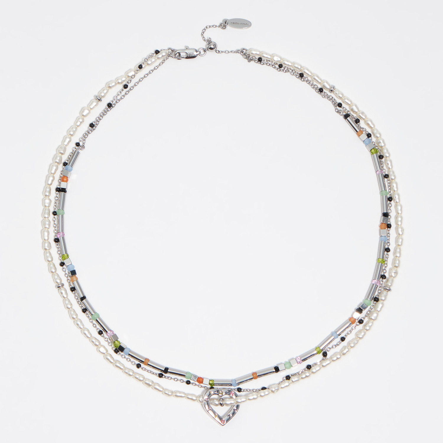 BIMBA Y LOLA Triple silver chain necklace with pearls heart logo