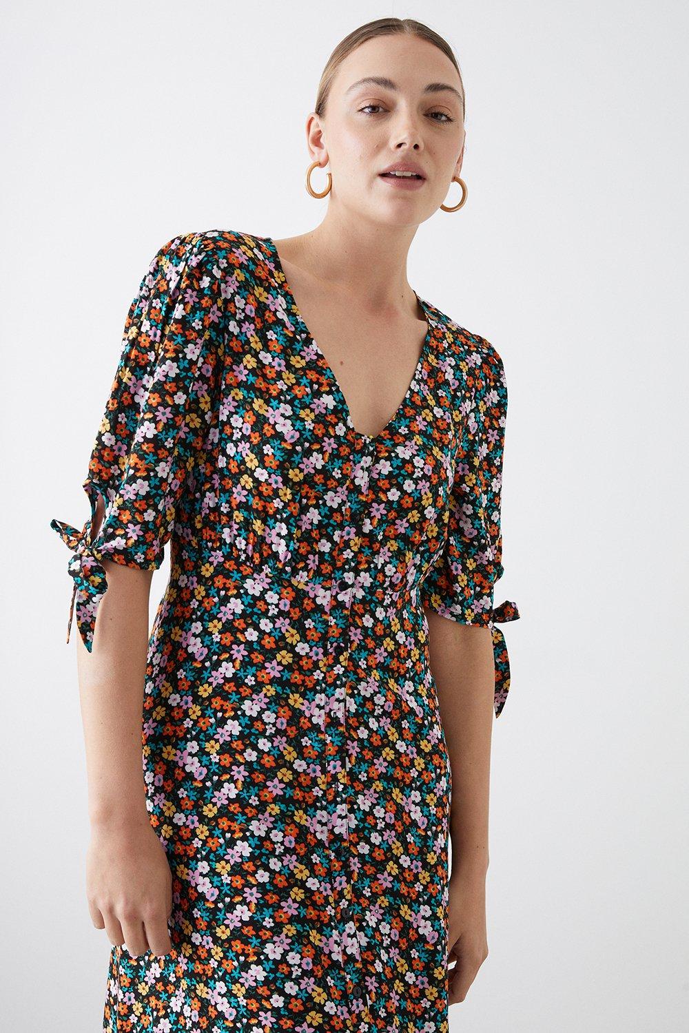 Photograph of Dorothy Perkins Womens Tall Multi Ditsy Button Through Tie Sleeve Midi Dress