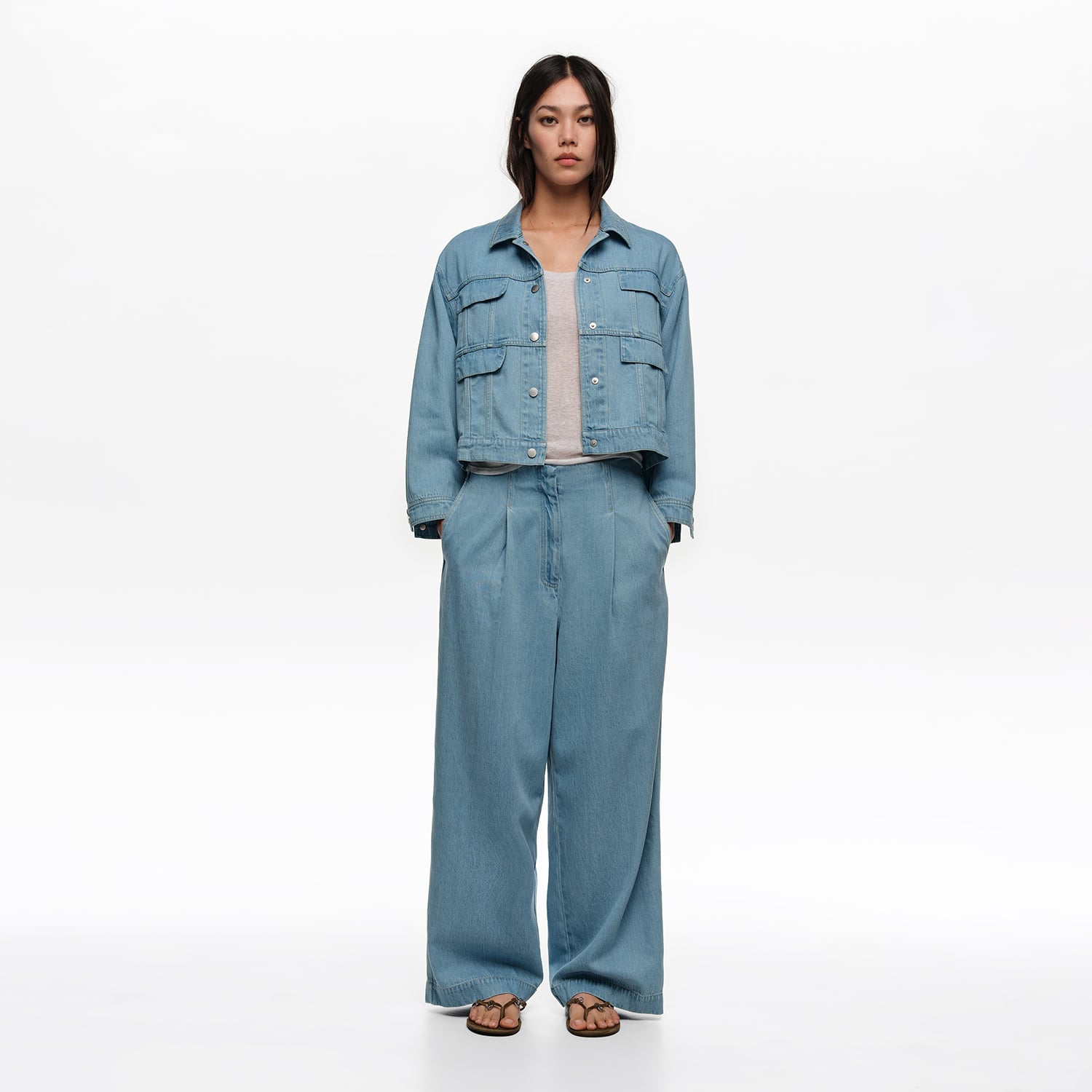 BIMBA Y LOLA Light blue fluid denim straight-leg trousers with pleats