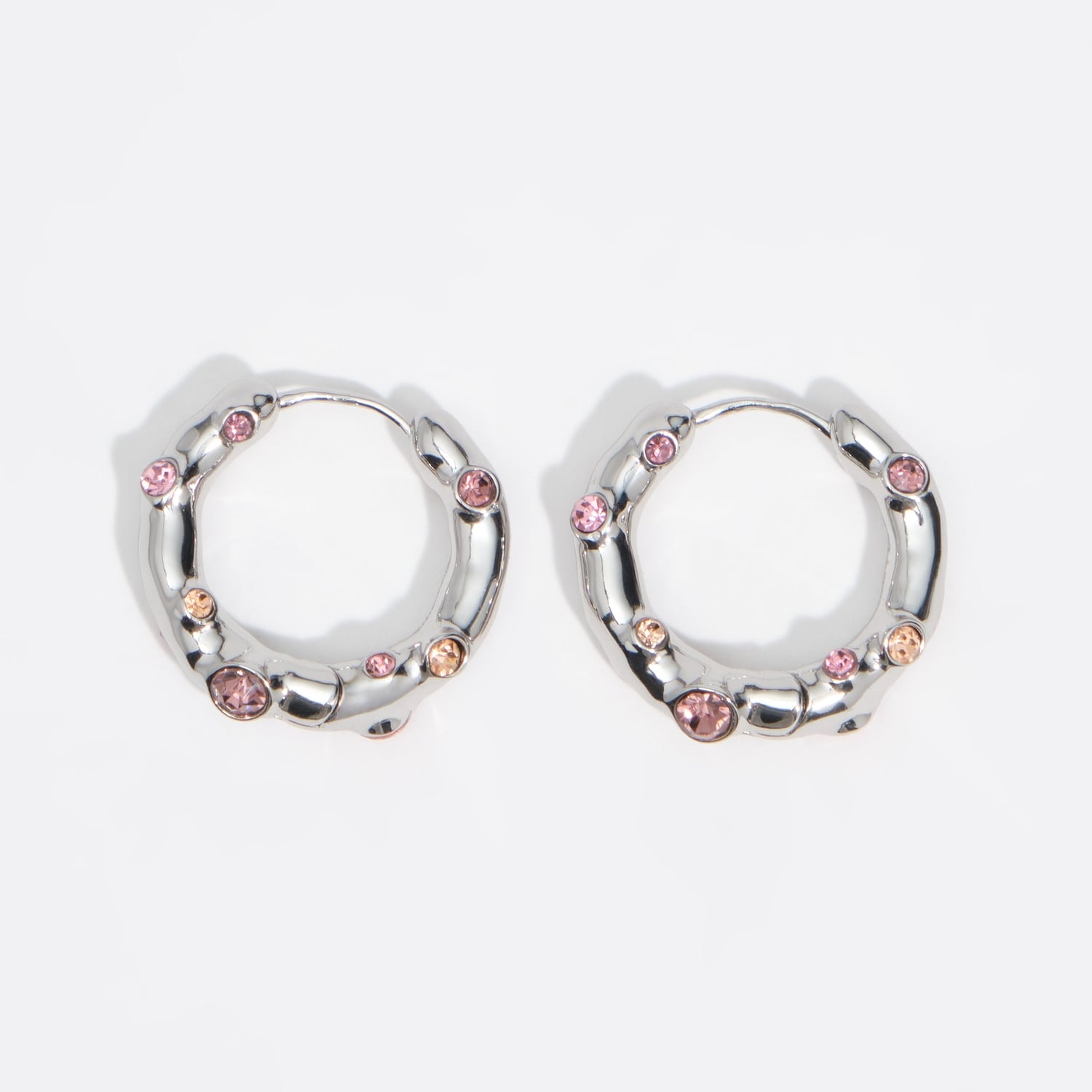 BIMBA Y LOLA Silver textured metal hoop earrings with pink crystals