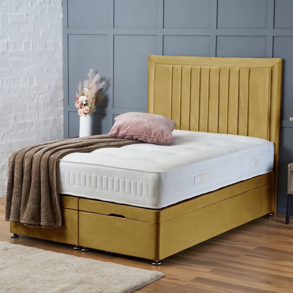 BSSPOKE Canes Ottoman Divan Bed Plush Velvet 54" Headboard & Mattress in Mustard | Size: King