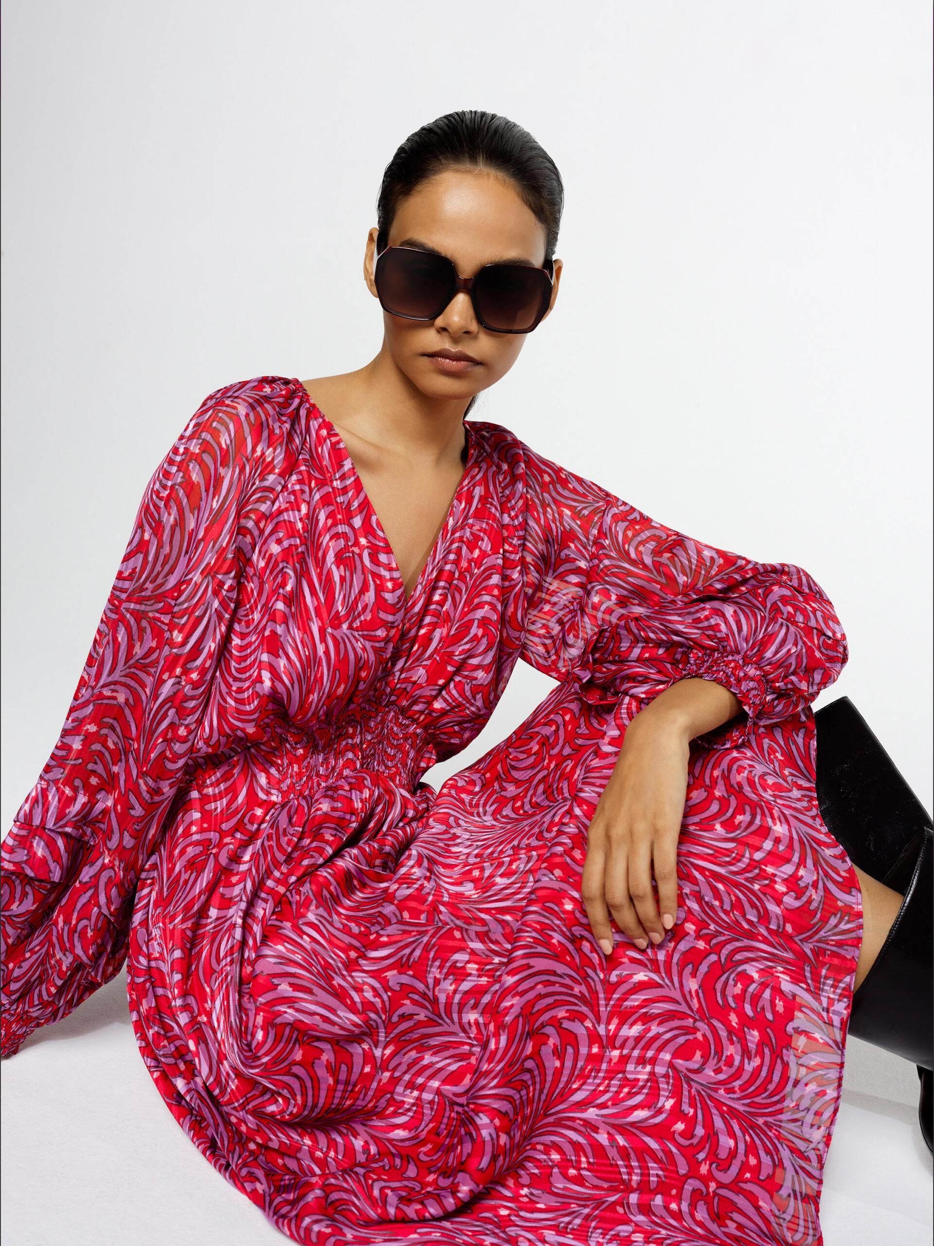 Photograph of French Connection Amy Callista Printed Long Sleeve Midi Dress Scarlet Red Multi