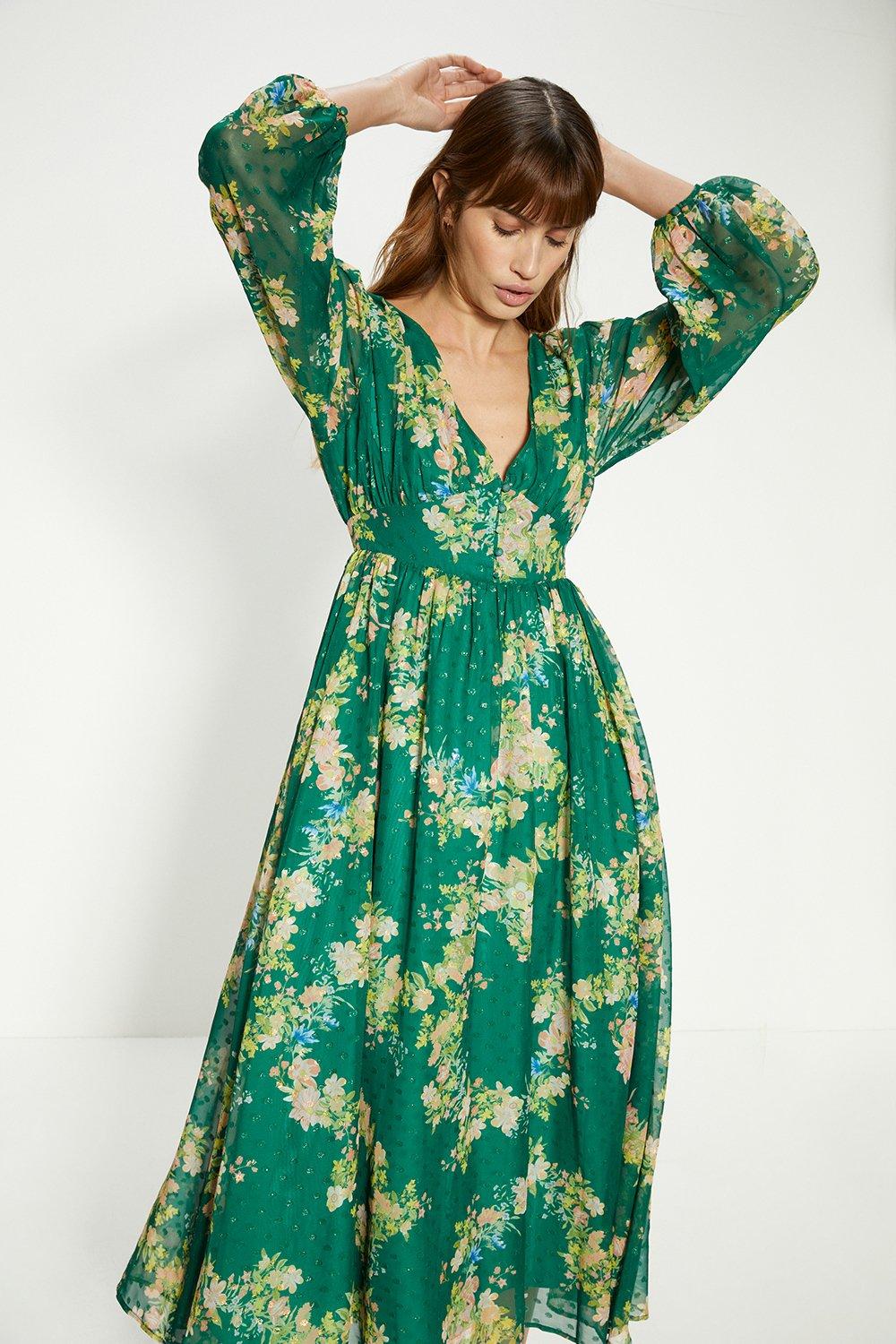 Photograph of Dorothy Perkins Womens Petite Swirly Floral Metallic Button Maxi Dress