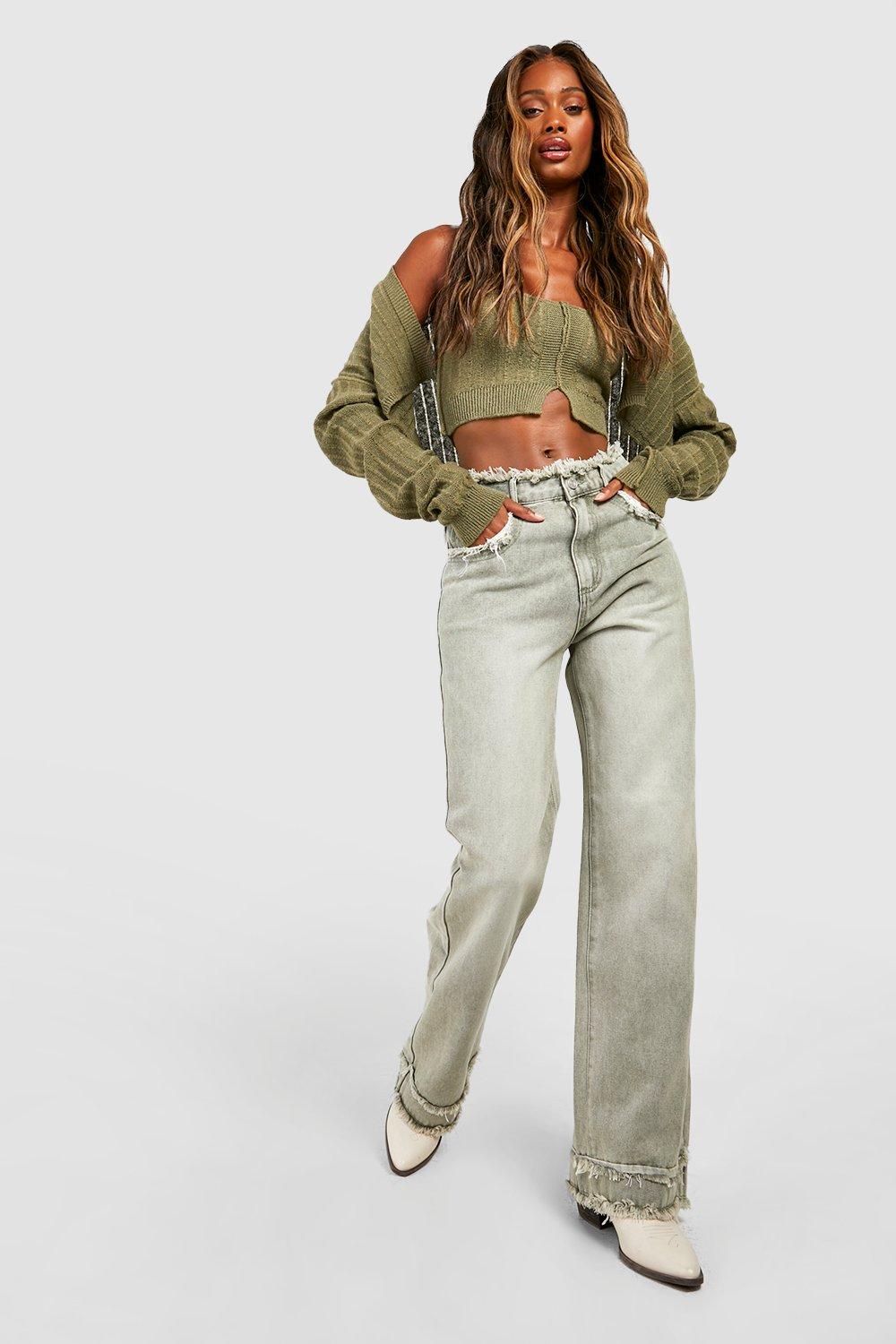 Khaki wide leg jeans cheap