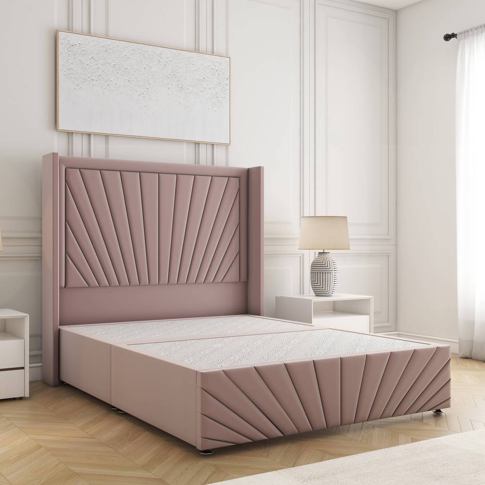BSSPOKE Nola Divan Bed Plush Velvet 54" Headboard & No Mattress No Drawers in Pink | Size: King