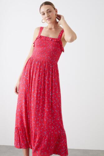 Dorothy Perkins Womens Tall Pink Floral Shirred Bodice Midi Dress Rather Saucy