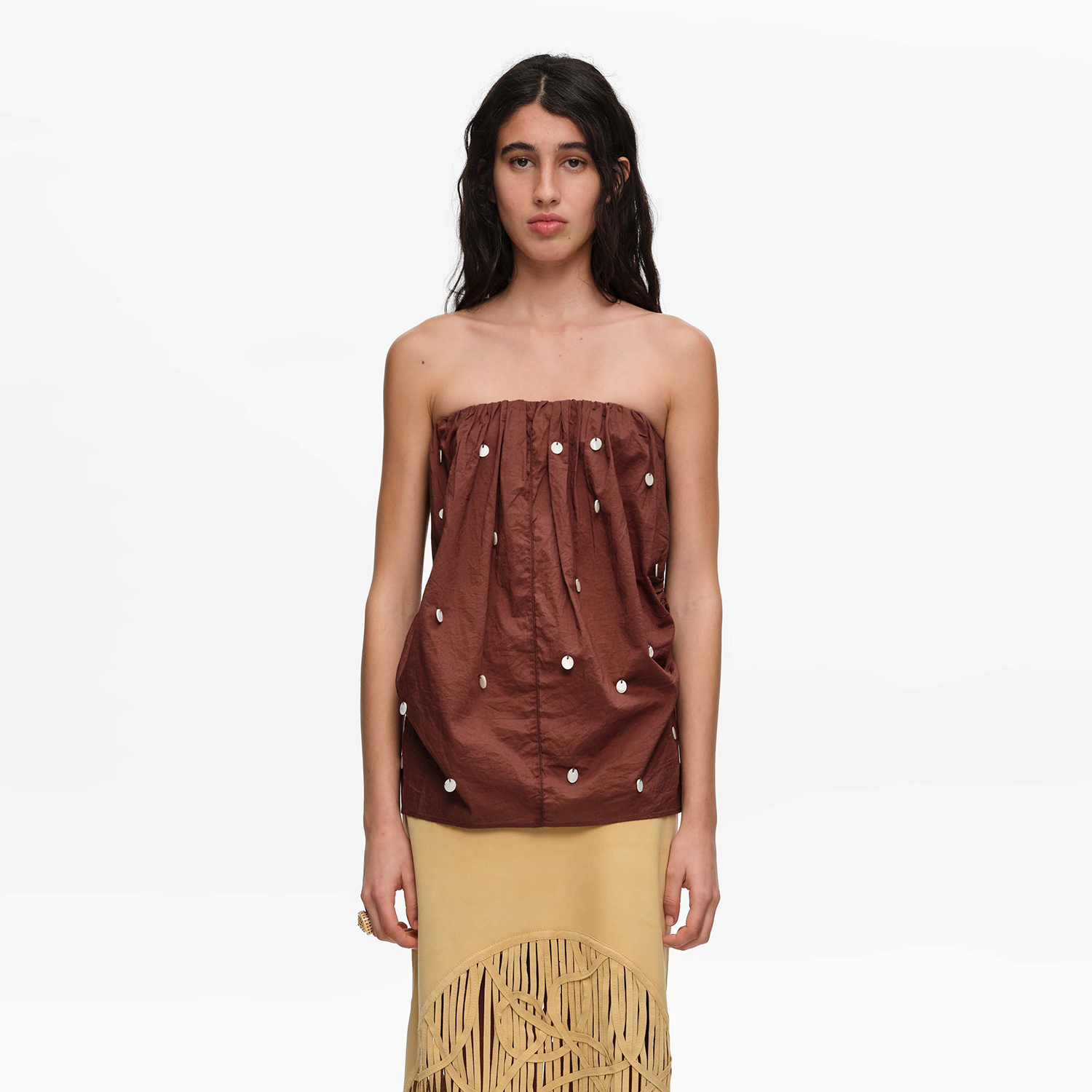 BIMBA Y LOLA Brown ruched strapless top