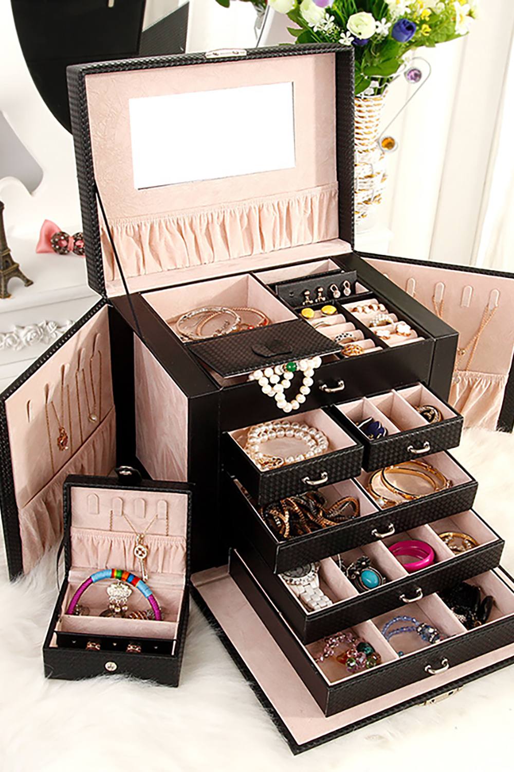 Living and Home Large Black Multi Tier Faux Leather Storage Box with Handle in Pink
