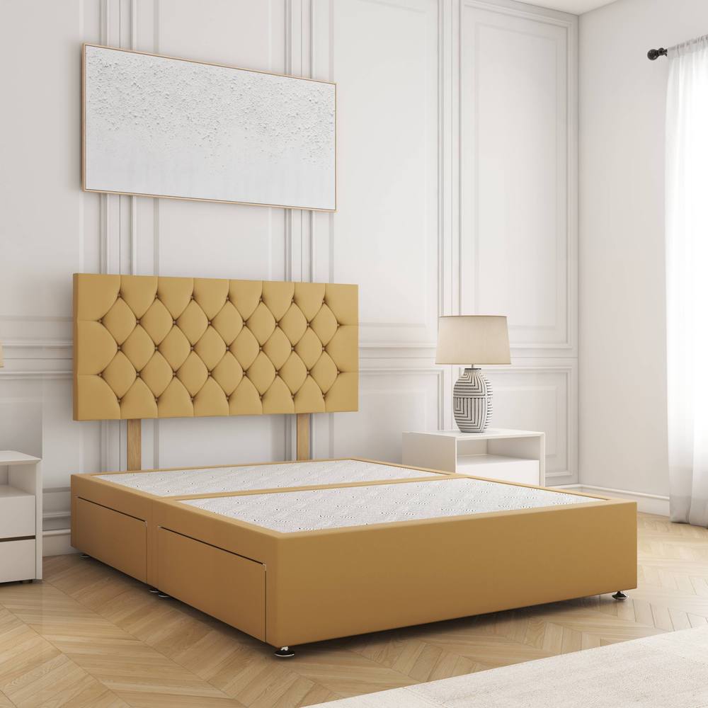 BSSPOKE Mia Divan Bed Plush 24" Headboard 2 Drawers Same Side & No Mattress in Mustard | Size: Double