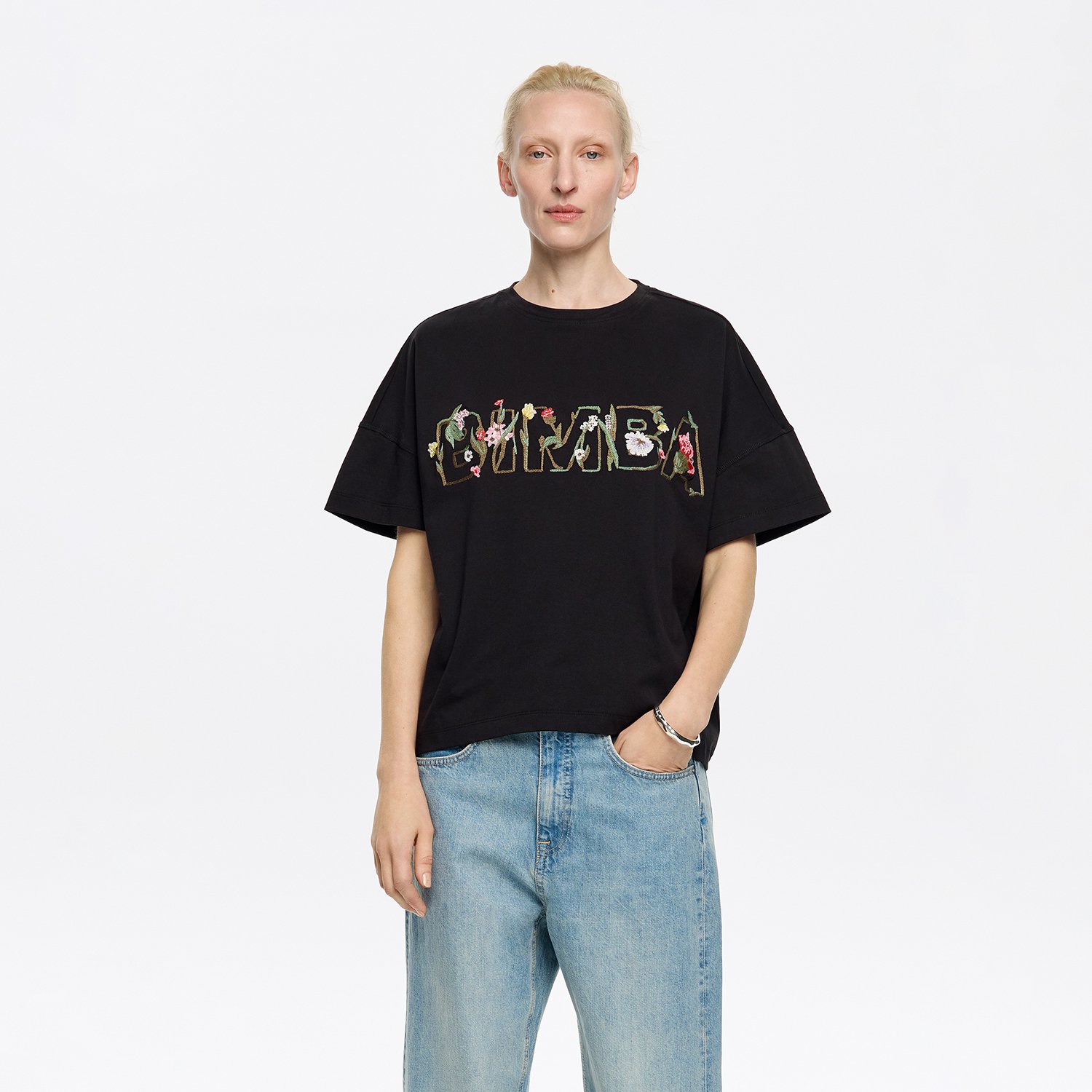 Photograph of BIMBA Y LOLA Boxy black floral logo T-shirt