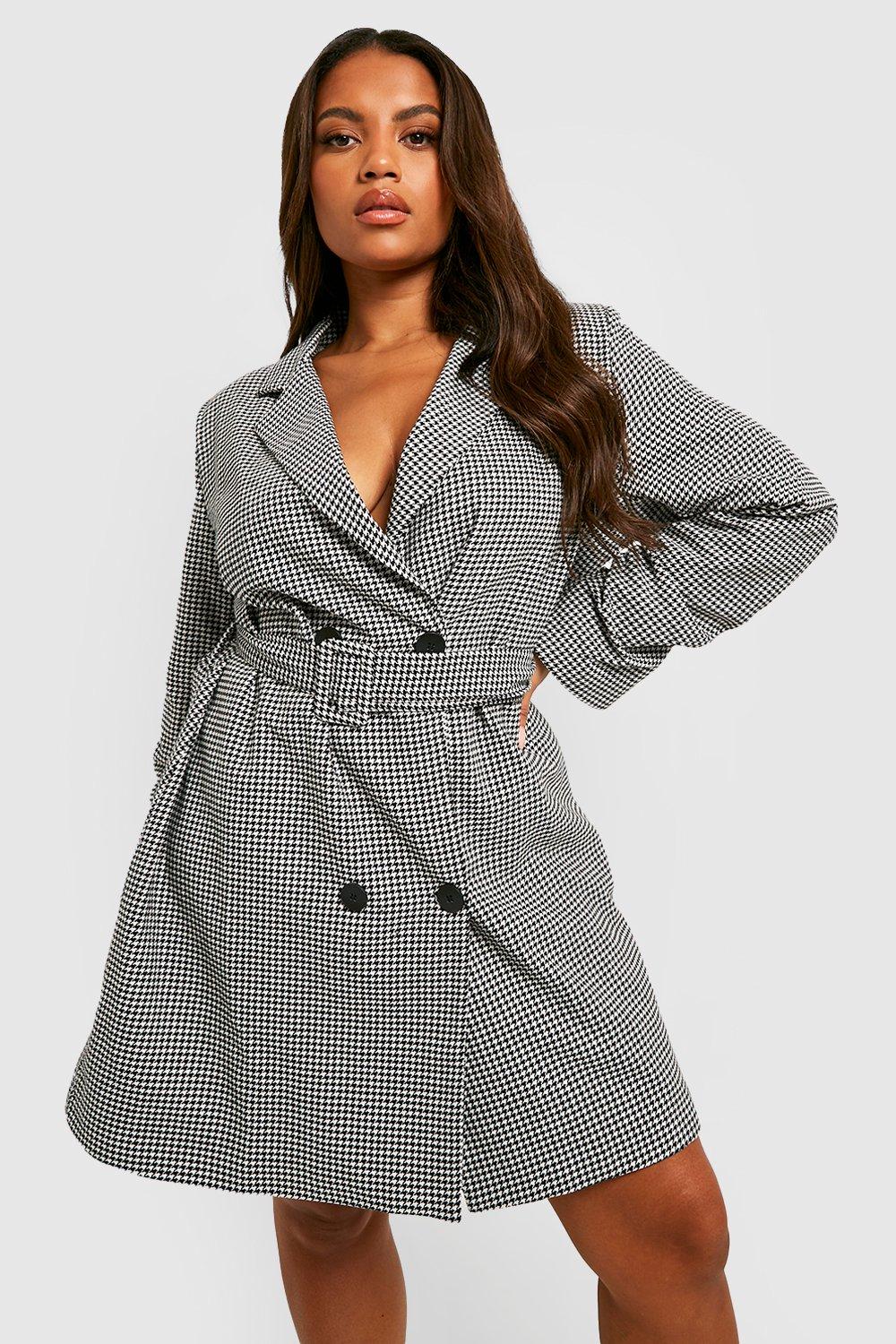 Boohoo Womens Plus Dogtooth Belted Blazer Dress Rather Saucy