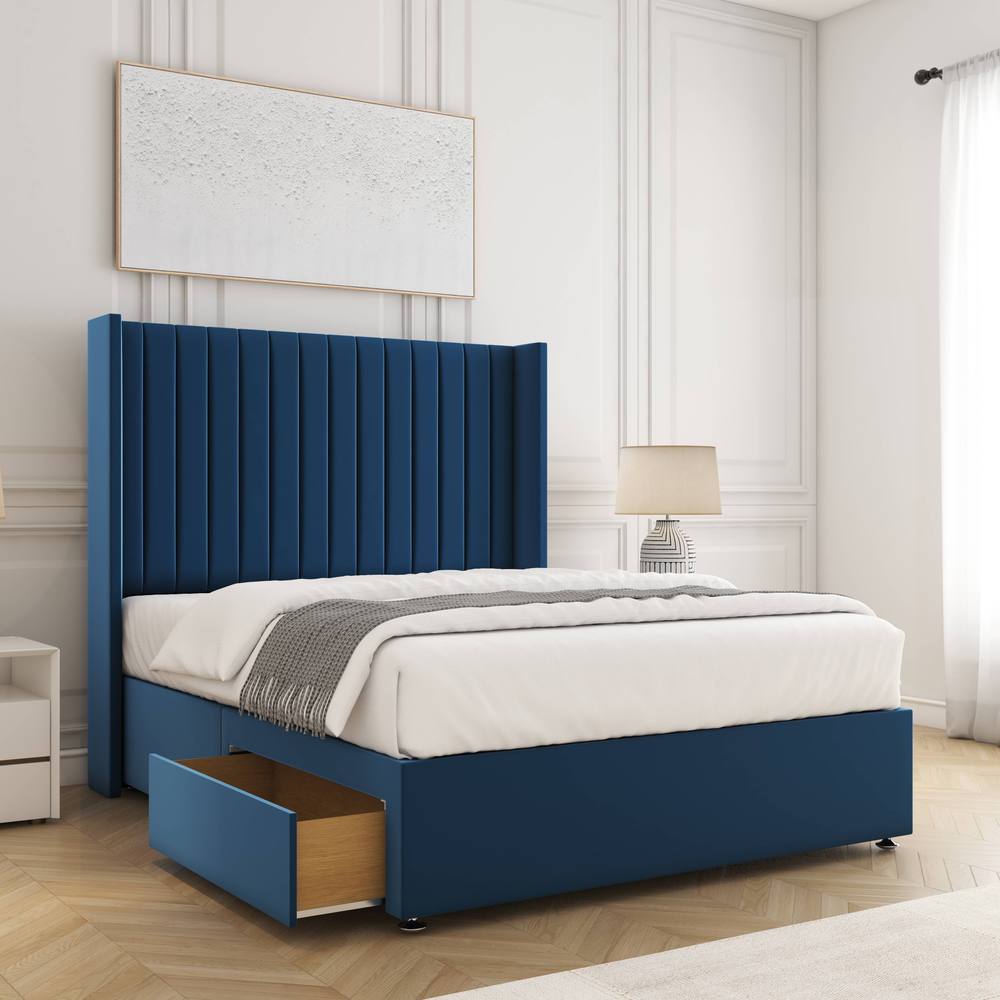 BSSPOKE Manhattan Divan Bed Plush 54"Headboard 2Drawers Footend & No Mattress in Blue | Size: Small Double
