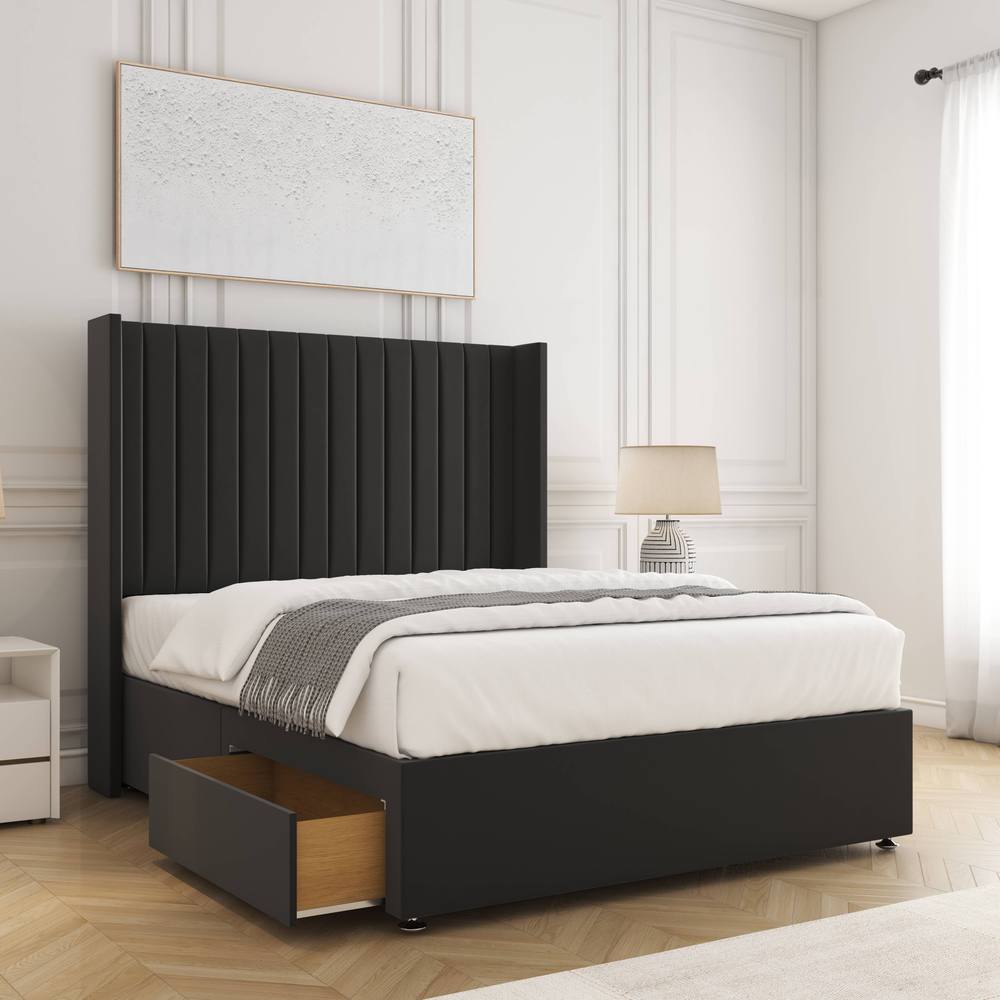 BSSPOKE Manhattan Divan Bed Plush 54"Headboard 2Drawers Footend & No Mattress in Black | Size: Double