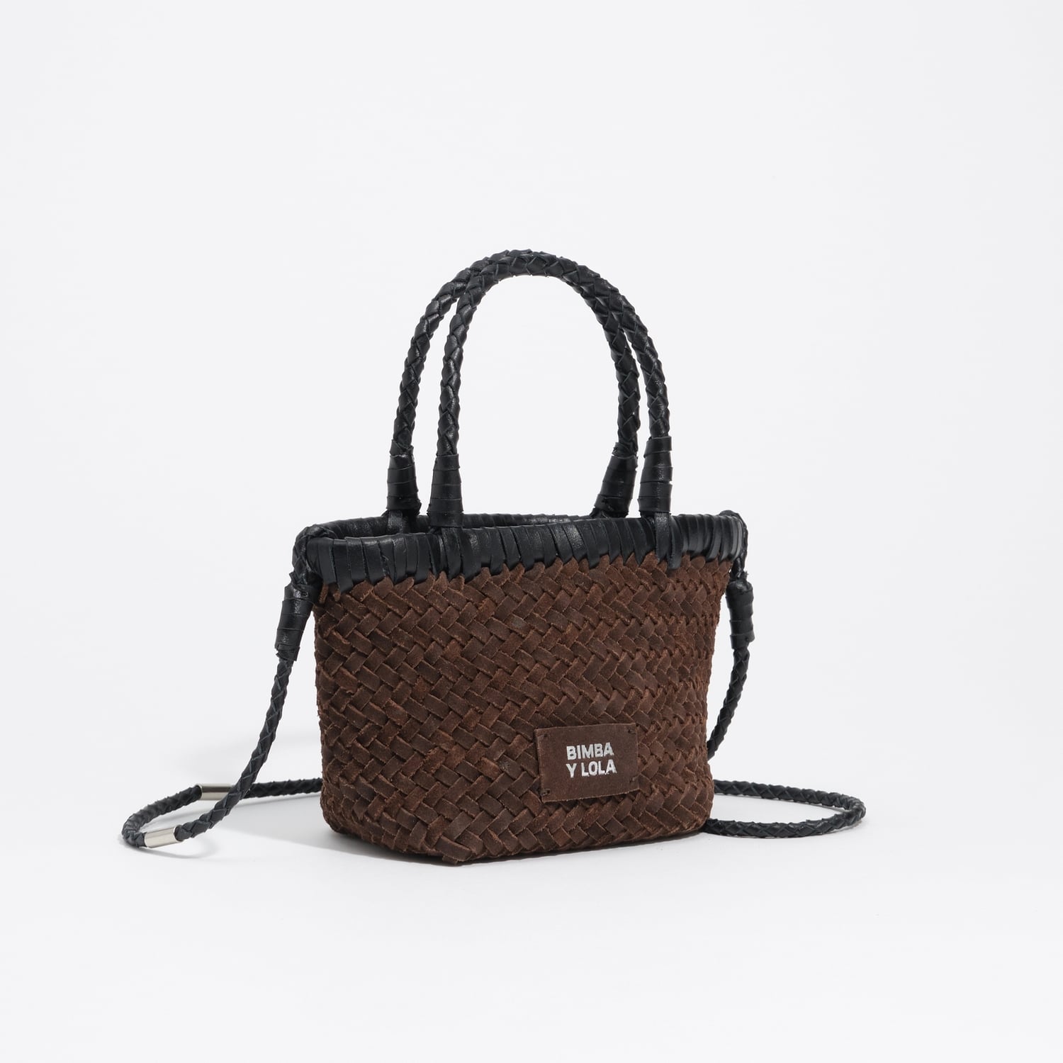 BIMBA Y LOLA Mini braided suede crossbody bag in chocolate