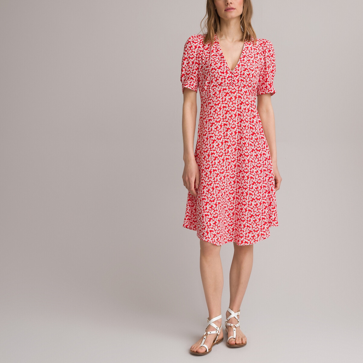Photograph of La Redoute Collections Floral V-Neck Dress with Short Sleeves, Made in Europe