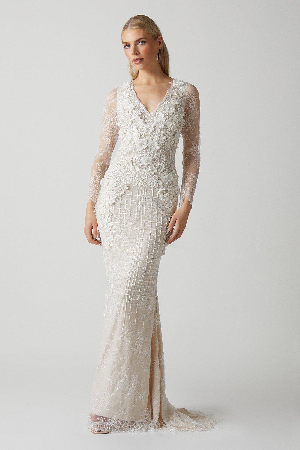 Dorothy Perkins Womens 3d Floral Embellished Lace Wedding Dress Rather Saucy
