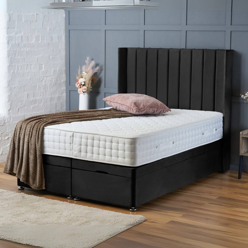 BSSPOKE Hannah Ottoman Divan Bed Plush Velvet 54" Headboard & No Mattress in Black | Size: Double