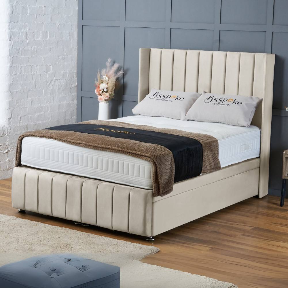 BSSPOKE Zoe Ottoman Divan Bed Plush Velvet 54"Headboard &Footboard No Mattress in Cream | Size: Super King