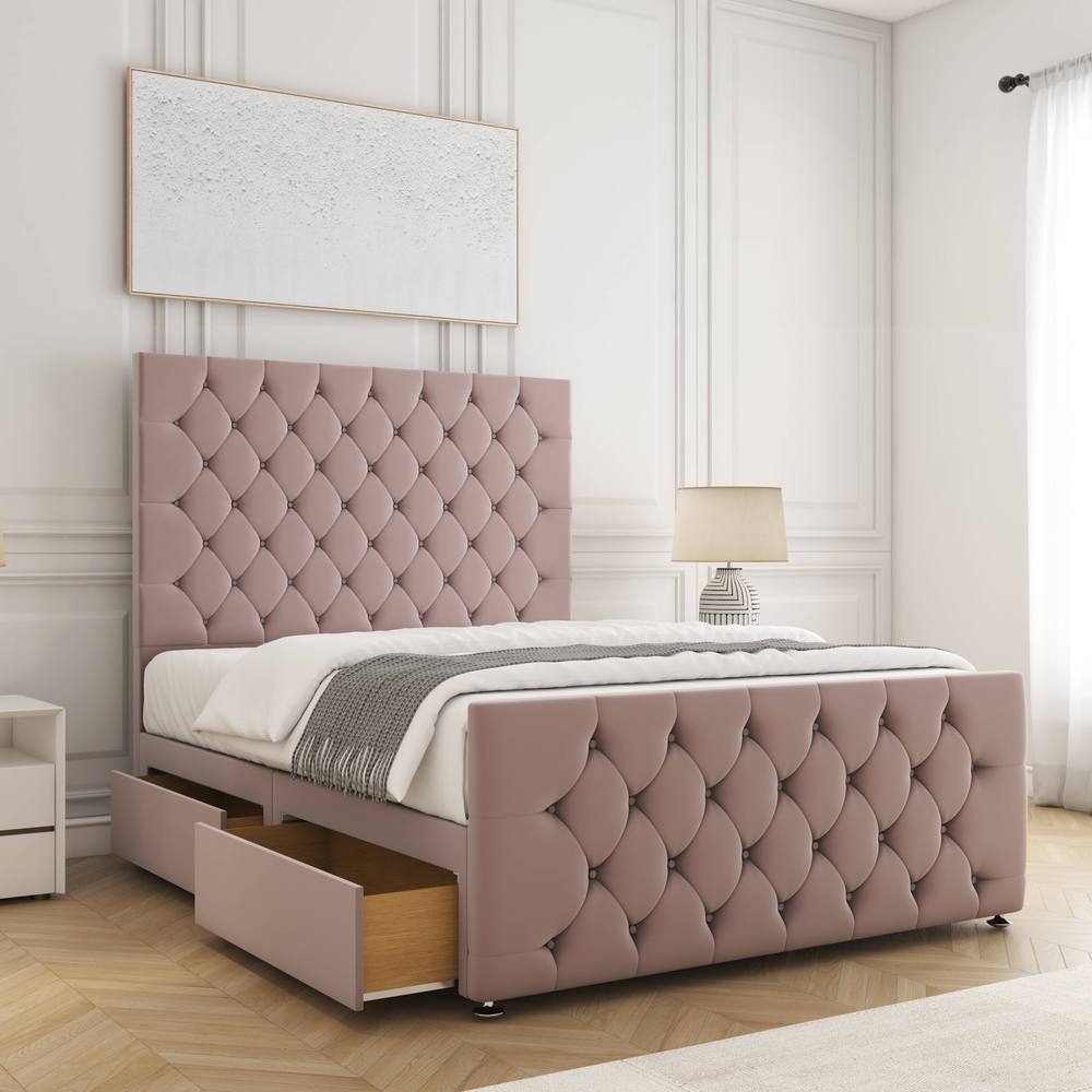 BSSPOKE Maya Plush Velvet Divan Bed 54"Headboard & 2Drawers Footend &Mattress in Pink | Size: Small Double