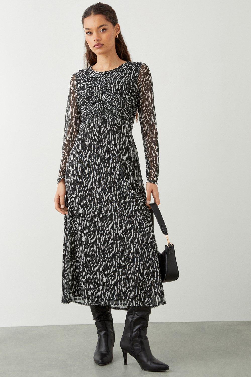 Photograph of Dorothy Perkins Womens Petite Mono Mesh Ruched Midi Dress