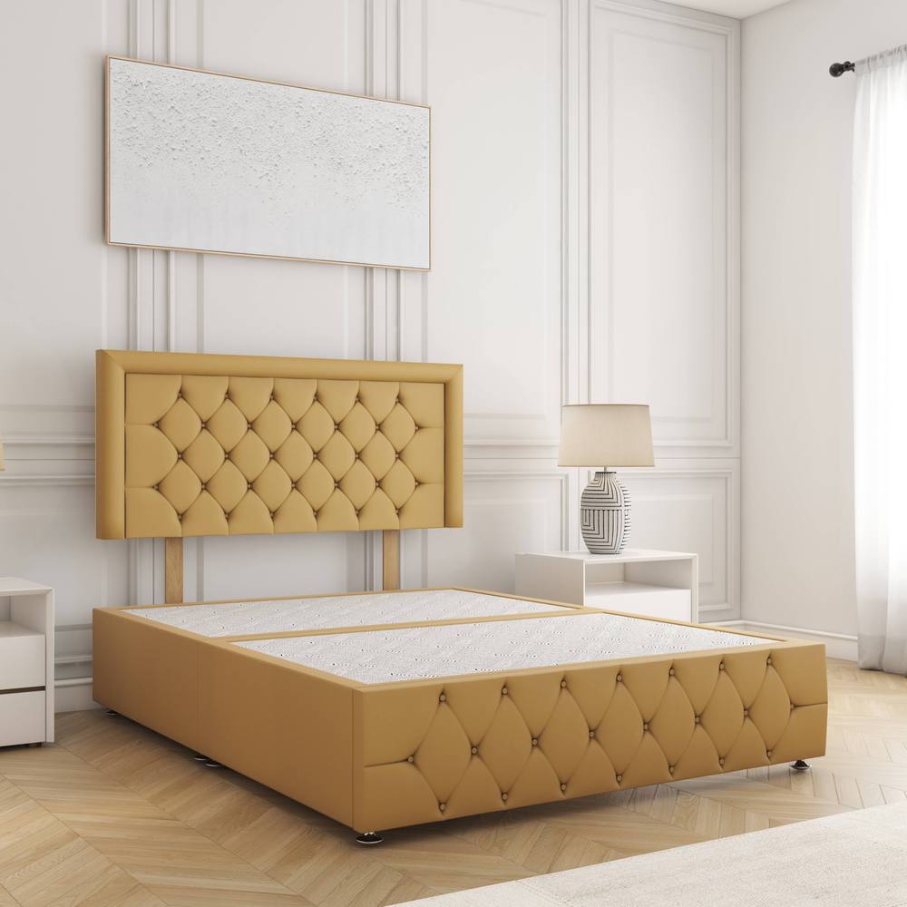 BSSPOKE Lena Plush Velvet Divan Bed 24" Headboard & No Mattress No Drawers in Mustard | Size: King