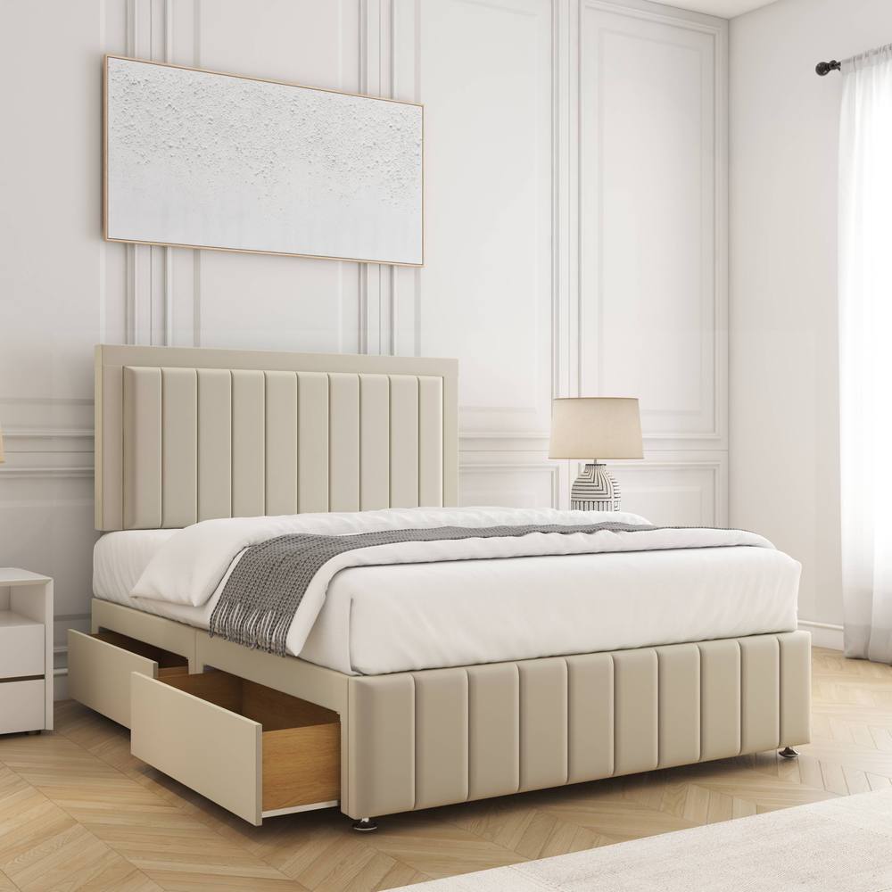 BSSPOKE Sophia Divan Bed Plush Velvet 24"Headboard 2Drawers Same Side Mattress in Cream | Size: Double