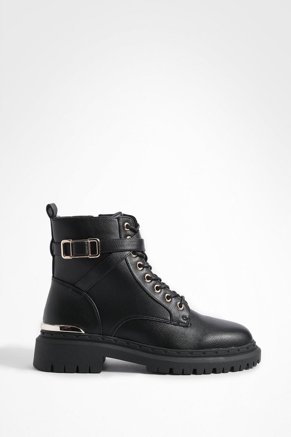 Photograph of Boohoo Womens Buckle Detail Lace Up Biker Boots