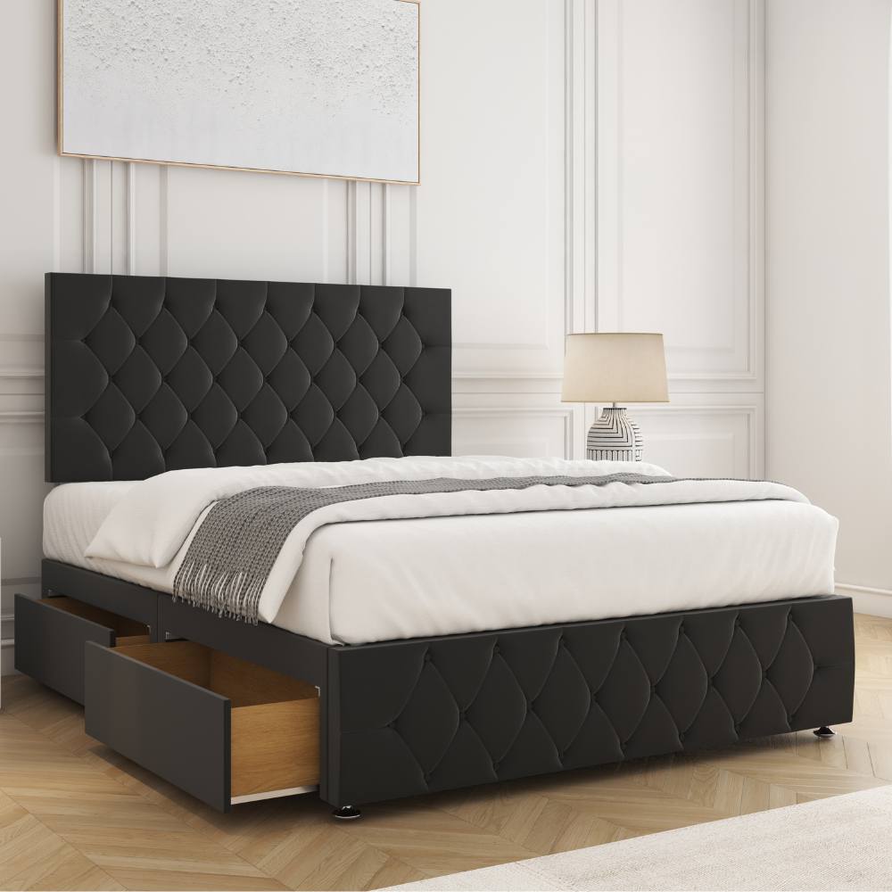 BSSPOKE Mulberry Divan Bed Plush 24" Headboard 2 Drawers Same Side & Mattress in Black | Size: Small Double