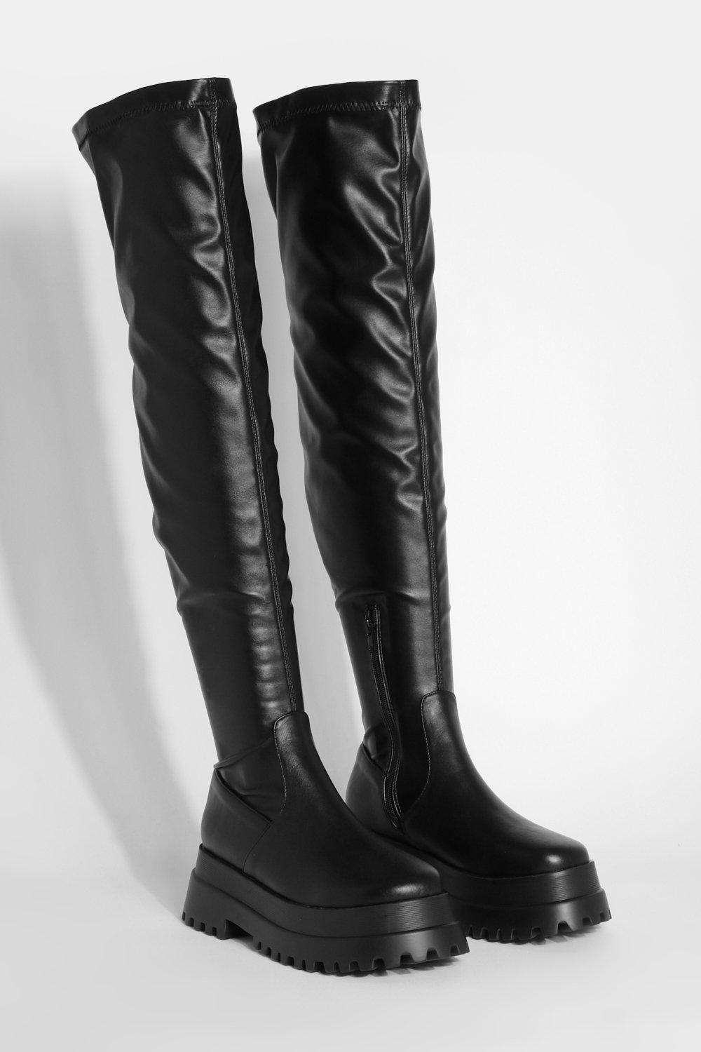 Photograph of Boohoo Womens Wide Fit Stretch Pu Over The Knee Chunky Boots