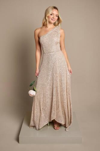 Coast Girl's Teen Sequin Bow One Shoulder Maxi Bridesmaid Dress in Champagne | Size: 11/12 Years