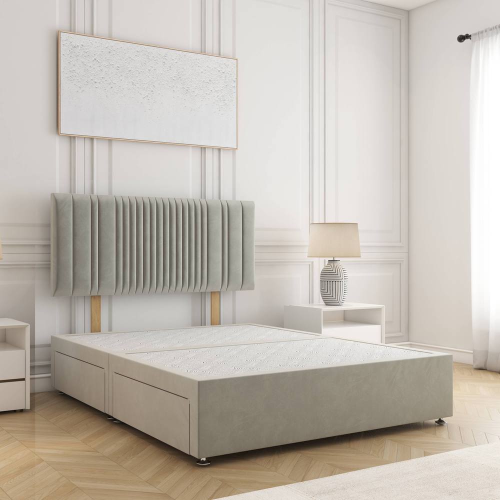 BSSPOKE Florence Divan Bed Plush 24"Headboard 2Drawers Same Side No Mattress in Silver | Size: Double