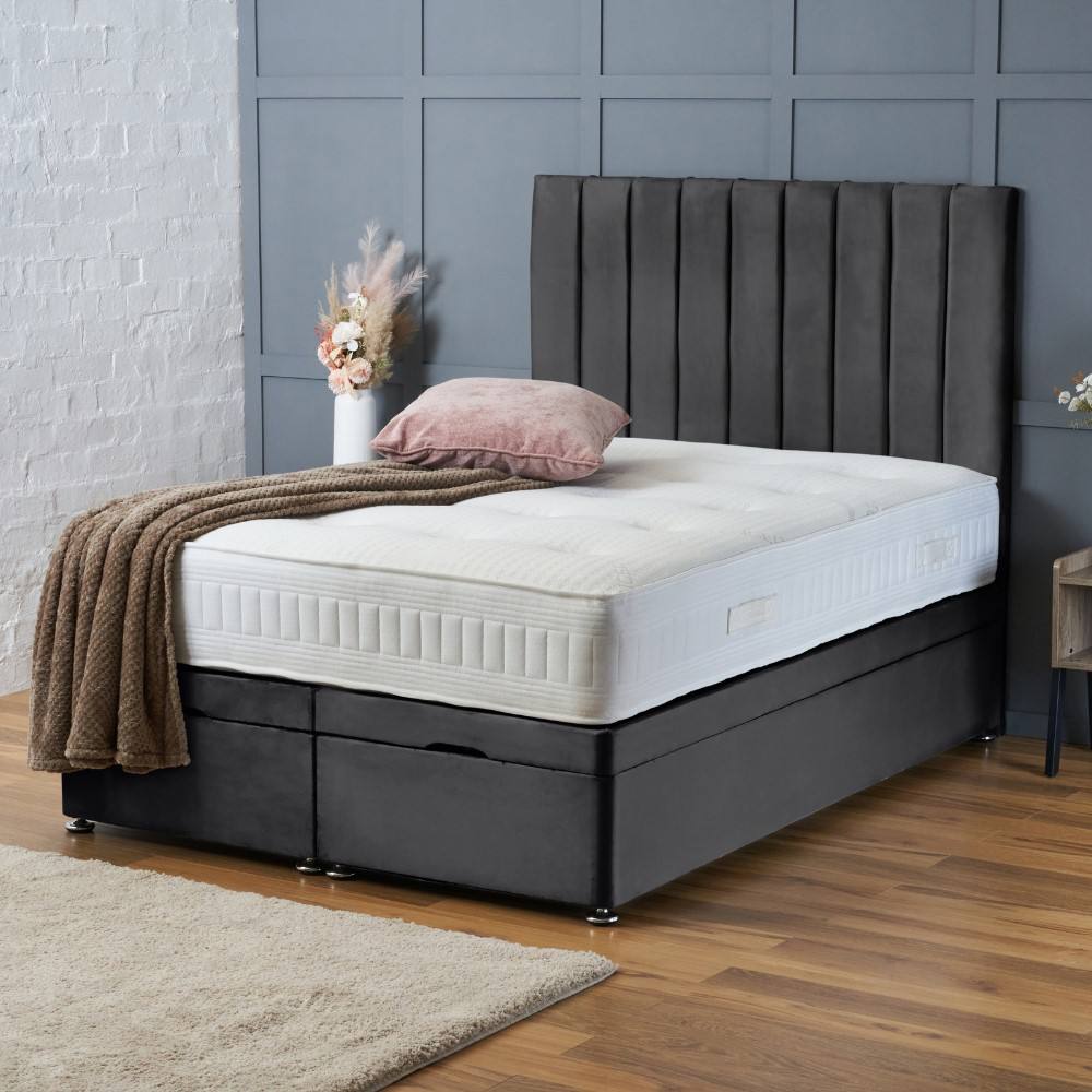 BSSPOKE Aria Ottoman Divan Bed Plush Velvet 54" Panel Headboard & Mattress in Charcoal | Size: Small Double