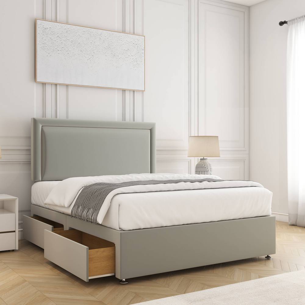 BSSPOKE Ella Plush Velvet Divan Bed 24"Headboard & 2Drawers Same side Mattress in Silver | Size: King