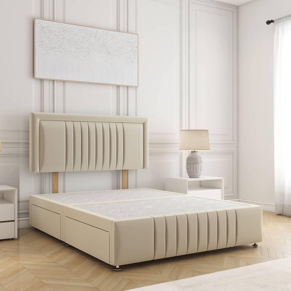 BSSPOKE Lily Plush Divan Bed 24" Headboard 2Drawers Same Side & No Mattress in Cream | Size: Super King