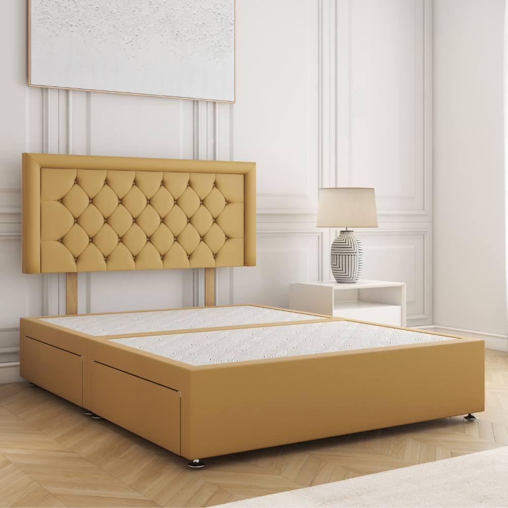 BSSPOKE Nova Plush Velvet Divan Bed 26"Headboard 2Drawers Footend No Mattress in Mustard | Size: Double