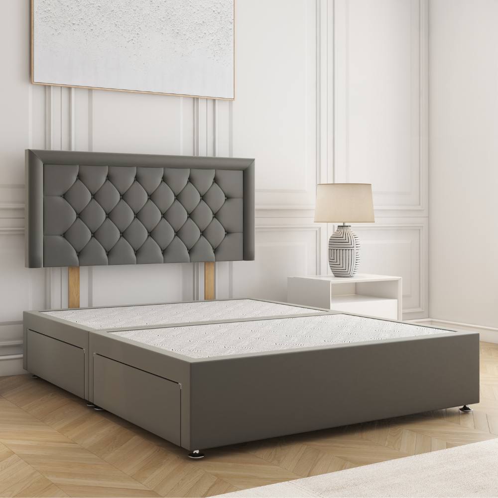 BSSPOKE Nova Plush Velvet Divan Bed 26"Headboard 2Drawers Footend No Mattress in Grey | Size: Super King