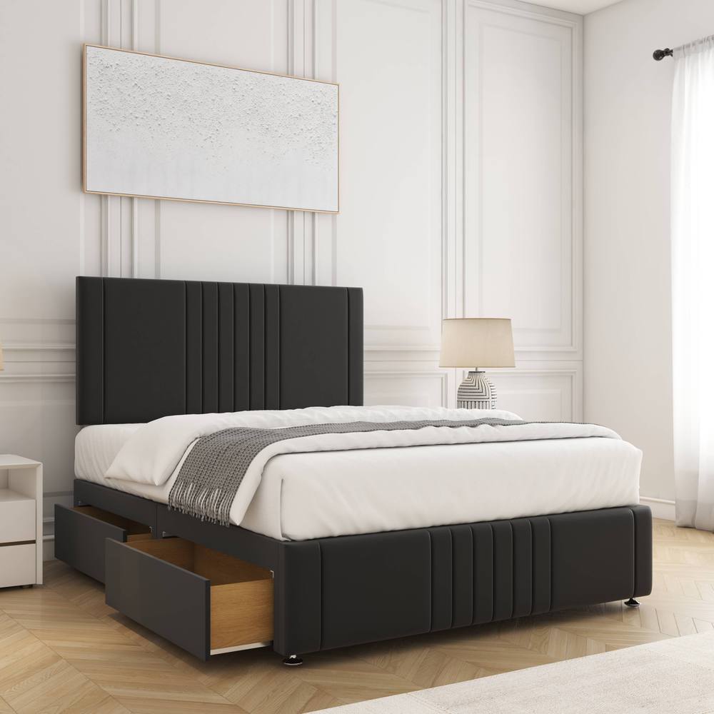 BSSPOKE Hazel Divan Bed Plush Velvet 24"Headboard 2Drawers Same Side Mattress in Black | Size: Small Double