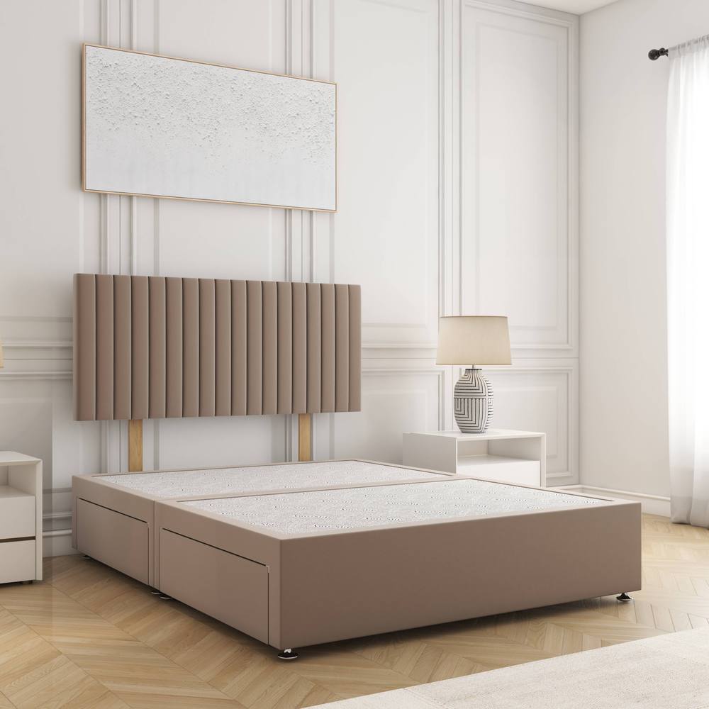 BSSPOKE Brooke Divan Bed Plush 24" Headboard 2Drawers Same Side & No Mattress in Taupe | Size: Double