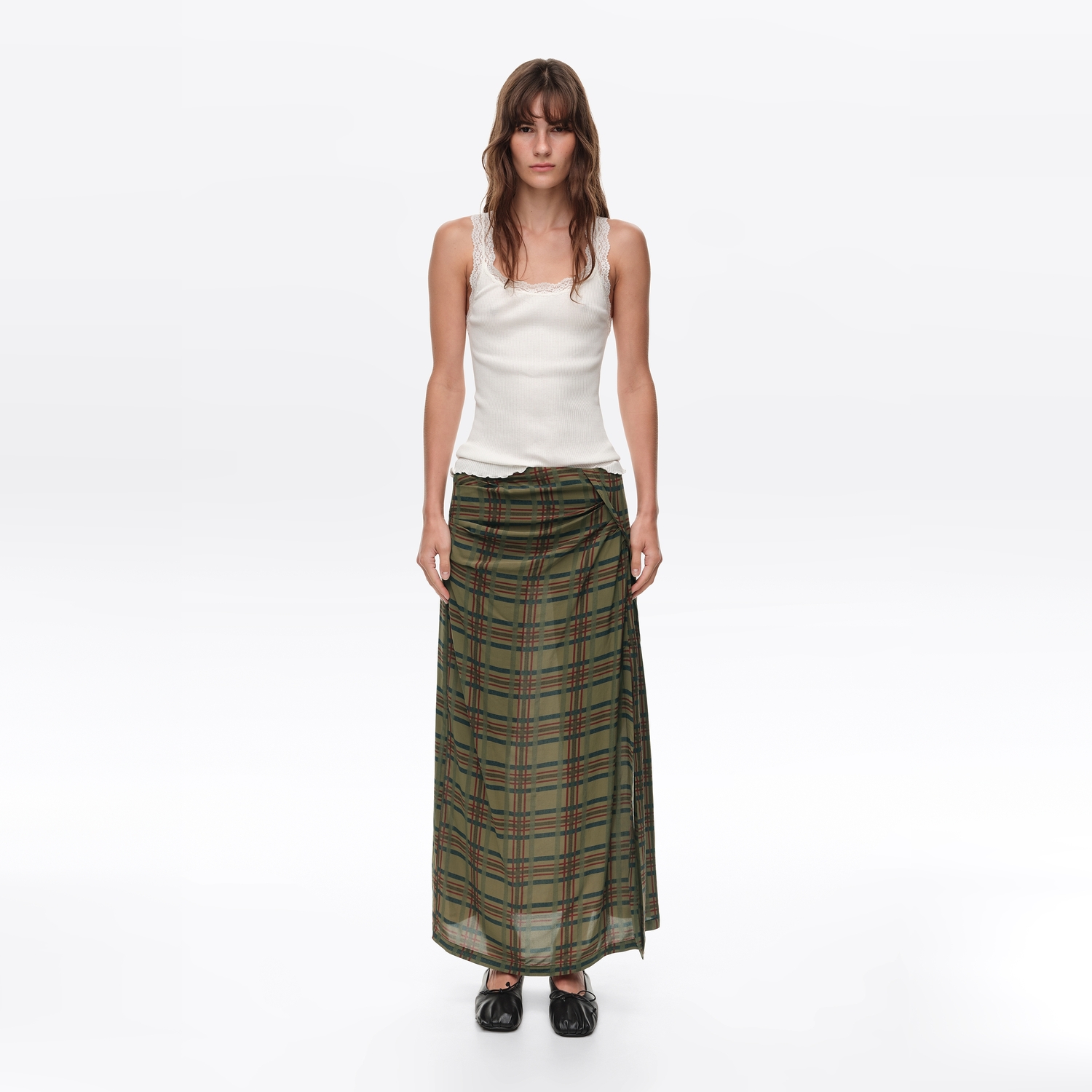 BIMBA Y LOLA Khaki checked gathered fluid skirt