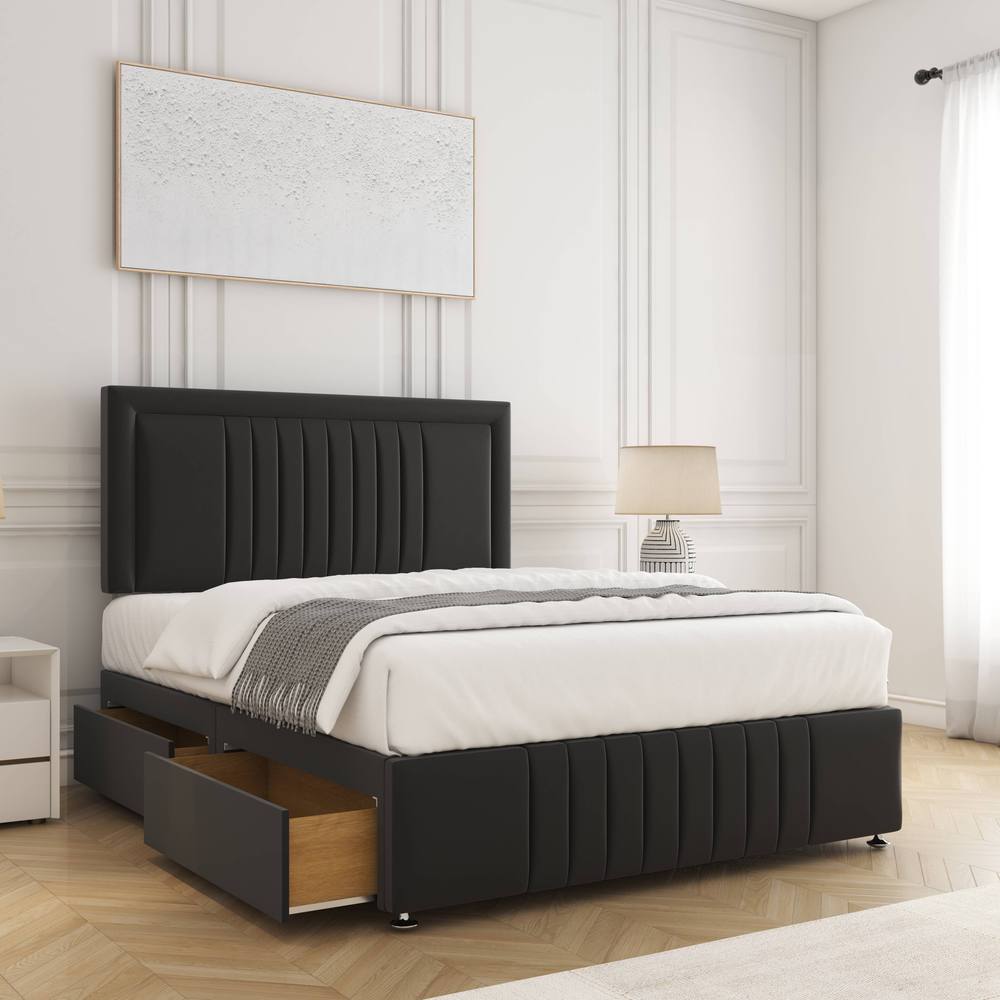BSSPOKE Lily Divan Bed Plush Velvet 24"Headboard 2Drawers Same Side & Mattress in Black | Size: Double