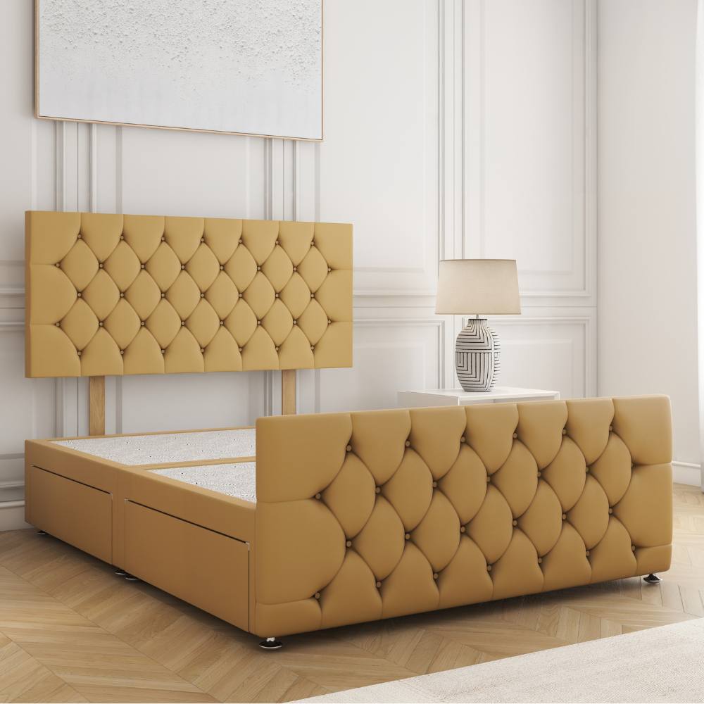 BSSPOKE Maya Velvet Divan Bed 24"Headboard & 2Drawers Same Side No Mattress in Mustard | Size: Double