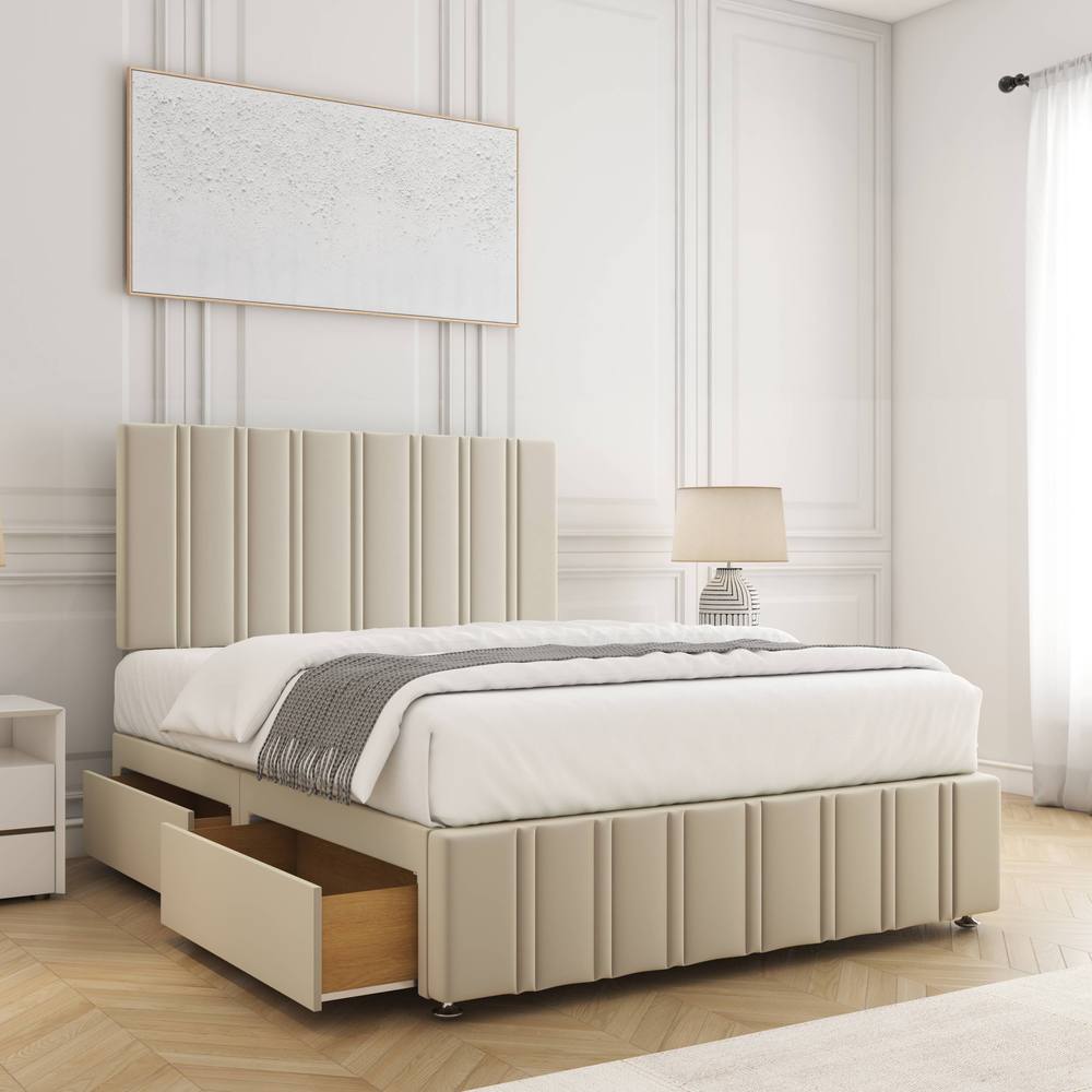BSSPOKE Isabella Divan Bed Velvet 24"Headboard & 2Drawers Same Side Mattress in Cream | Size: Single