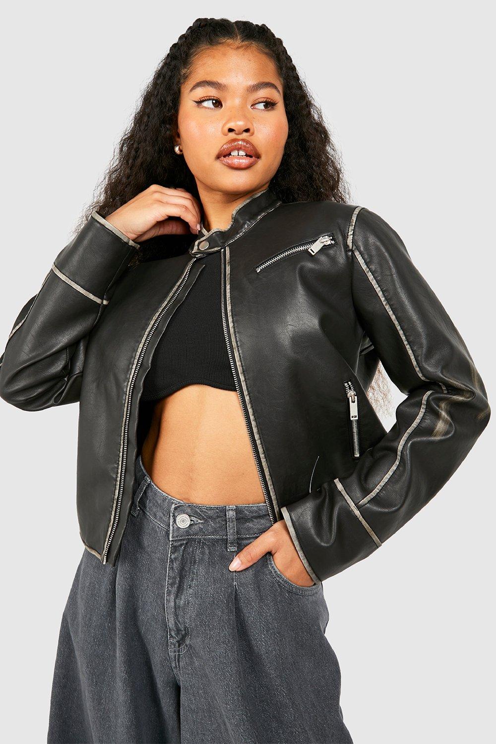 Boohoo Womens Petite Fitted Moto Vintage Look Faux Leather Jacket Rather Saucy