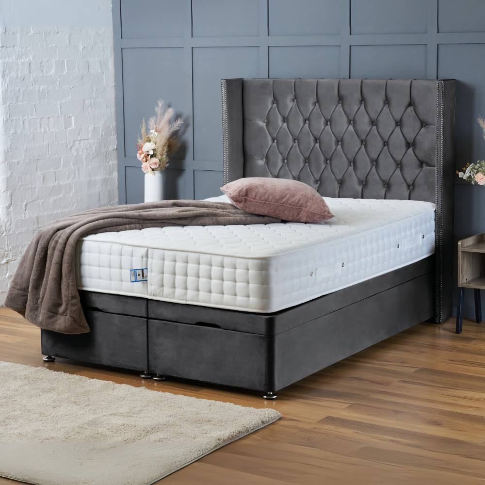 BSSPOKE Olivia Ottoman Divan Bed Plush Velvet 54" Headboard & No Mattress in Charcoal | Size: Double